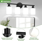 4-Light Bathroom Light Fixtures, Black Modern Vanity Lights with Milky White Frosted Glass Shades, Bathroom Wall Lamp for Mirror Kitchen Living Room
