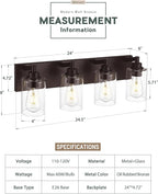 4-Light Bathroom Light Fixtures, 24.5 Inch Oil Rubbed Bronze Vanity Lights with Cylinder Clear Glass Shade, Modern Vanity Lighting Fixtures Over Mirror, VL143-ORB-4
