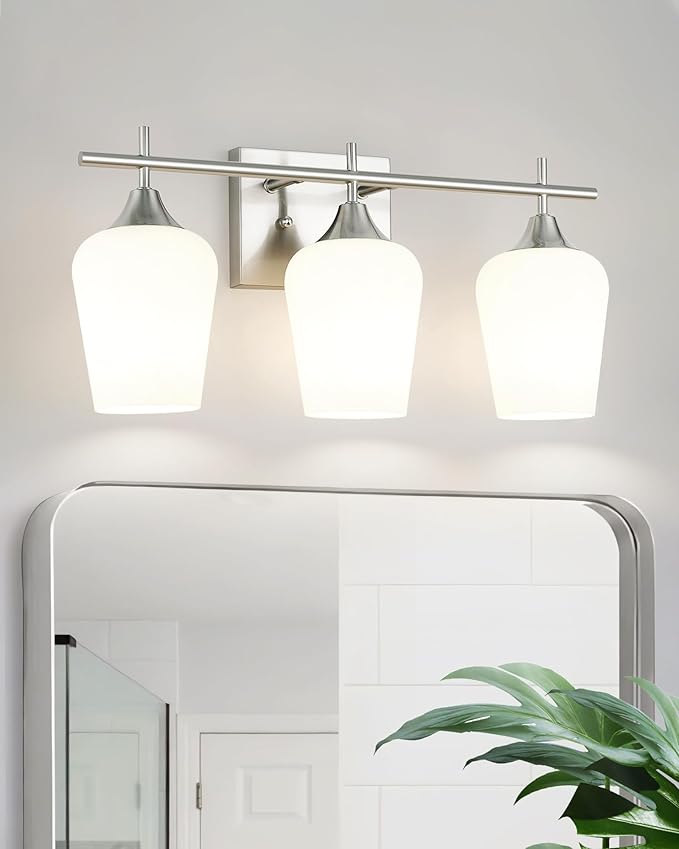 3 Light Bathroom Light Fixtures Over Mirror, 21 Inch Brushed Nickel Bathroom Vanity Lights, Modern Bath Wall Sconces with Frosted Glass Shade, OS-YQ9167-3BNW