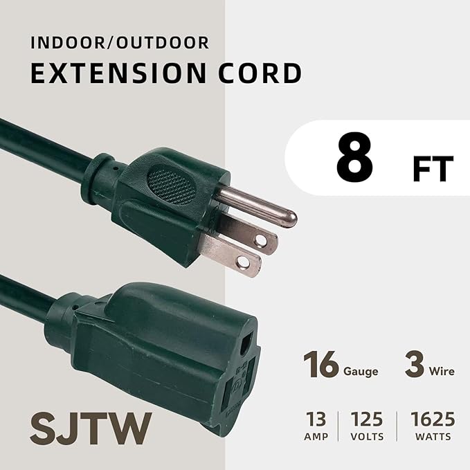 8ft Outdoor Extension Cord for Christmas Decorations - 16/3 Heavy Duty SJTW Waterproof Green Electrical Cable with 3 Prong Grounded Plug for Safety, Great for Lawn and Major Appliances
