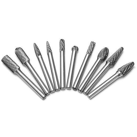 Carbide Burrs Set with 1/4''Shank Double Cut Solid Power Tools Tungsten Carbide Rotary Files Bits for Die Grinder Metal Wood Carving Engraving Polishing Drilling Grinding Milling Cutting 10pcs