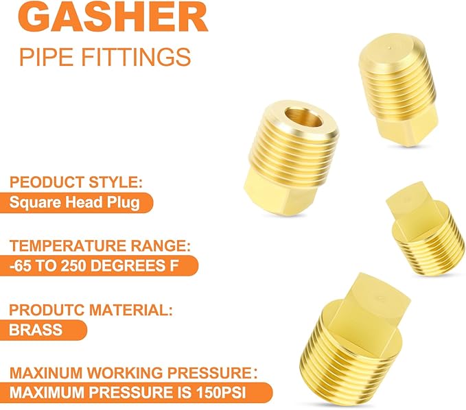 GASHER 20PCS Brass Plug Pipe Fitting Kit,1/4",3/8",1/8",1/2" NPT Male Square Head Plug