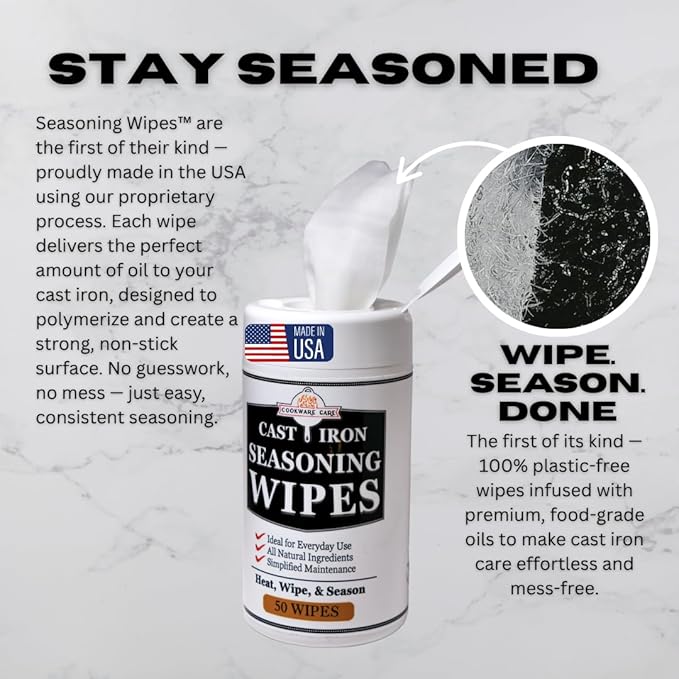 Cookware Care Cast Iron Seasoning Oil Wipes, 50 Count, Made in USA with Grapeseed Oil for Cast Iron Skillet, Blackstone Griddle - Ideal Blackstone Accessories Gift for Men/Dad