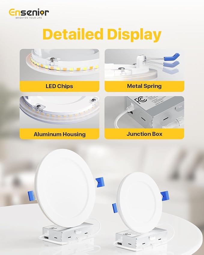 Ensenior 24 Pack 4 Inch LED Recessed Ceiling Light with Night Light, Dimmable, 2700K-5000K 5CCT, 1050LM 12W 120V, High Brightness Canless Wafer Downlight - FCC