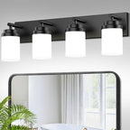 4-Light Bathroom Light Fixtures, Modern LED Vanity Light with White Glass Shade, Matte Black Bathroom Light Fixtures Over Mirror, for Mirror Living Room Cabinet Bedroom, 27 inch
