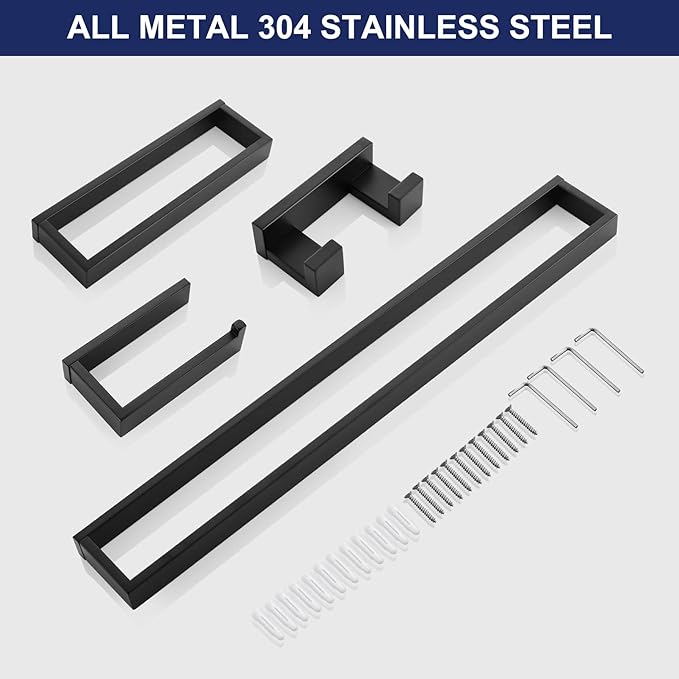 Lairuier 4-Piece Bath Towel Bar Set, Matte Black Bathroom Hardware Set Including Towel Bar,Towel Holder, Toilet Paper Holder, Towel Hook,Stainless Steel Bathroom Hardware Accessories Set