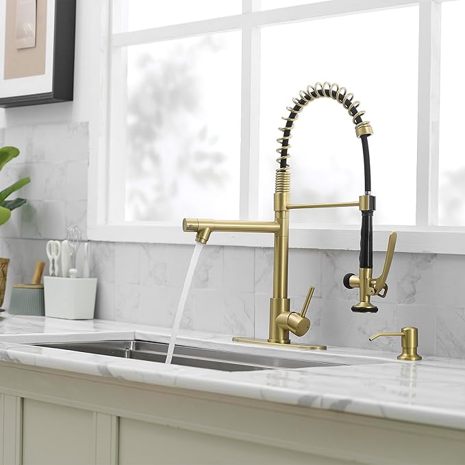 Fapully Commercial Kitchen Sink Faucet with Pull Down Sprayer Brushed Gold Single Handle Faucets for Kitchen Sink, Kitchen Faucet with Soap Dispenser and Deck Plack for 4 Hole