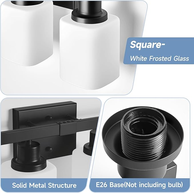 4-Light Bathroom Vanity Light, Modern Matte Black Bathroom Light Fixtures with Square Frosted Glass, Wall Sconces fixtures Over Mirror Restroom,Living Room Hallway E26