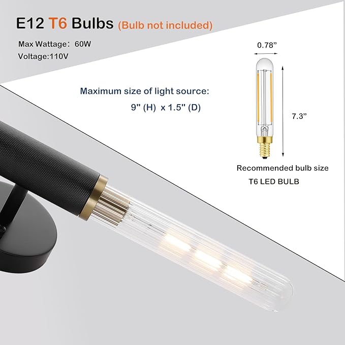 Modern Wall Sconces 24" Knurled Texture Cylinder Bathroom Vanity Lights Fixtures with Clear Striped Glass Shade 2-Lights Brushed Brass Gold Black Indoor Wall Lighting for Bedroom Hallway