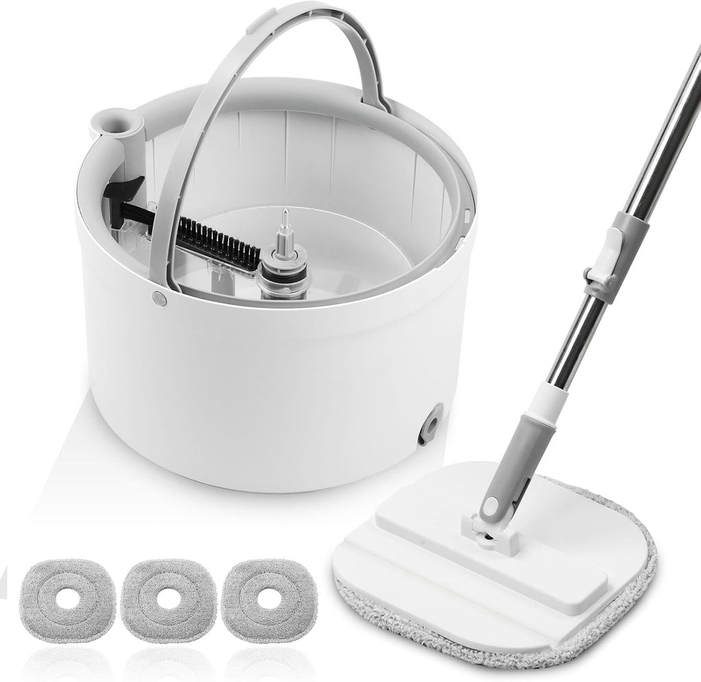 Mop and Bucket Set, Spin Mop Bucket with Separate Dirty/Clean Water System, Self-Wringing Square Mops for Floor/Wall Cleaning with 3 Microfiber Pads