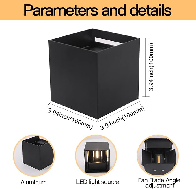 2 Pack LED Outdoor Wall Lights Exterior/Interior, Up and Down Lights IP65 Waterproof Wall Sconces, Square Aluminum Outdoor Wall Lighting Fixtures, Modern Black 12W 3000K Warm Lights