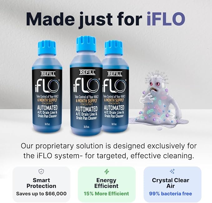 iFLO® Smart A/C Drain Line Cleaner and Drain Pan Cleaner Cartridge Concentrate, Fast-Acting, Long-Lasting HVAC System Solution for Tough Clogs & Buildup, 6-Month Supply per Bottle, 1 Pack of 36oz