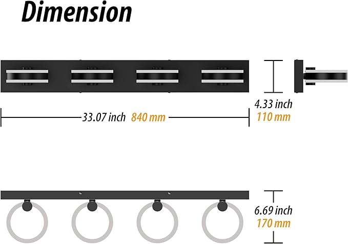 LED Bathroom Light Fixtures, 33inch Black Vanity Lights, Modern 4 Light Acrylic Wall Sconces, 350° Rotatable Wall Lighting Fixture Over Mirror