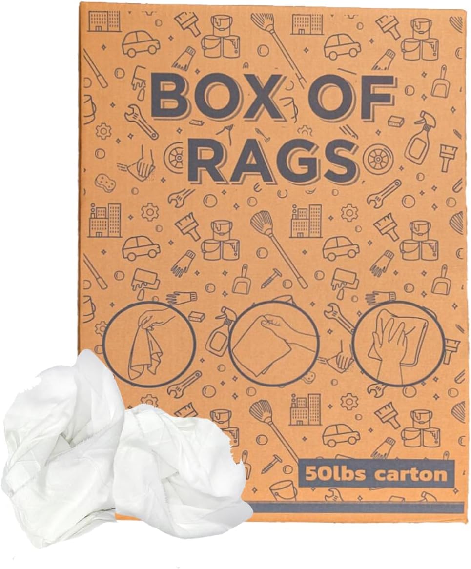 Recycled White Sheeting Cleaning Rags (50 lbs. Box) – Lint Free White Cotton Cloths for Manufacturing | Automotive | Janitorial | Shop Rags Bulk - Multipurpose