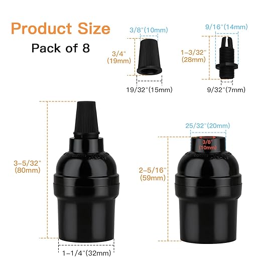 E26 E27 Light Sockets, 8 Packs Edison Period Retro Style Pendant Lamp Holder, Replacement DIY Pendant E26 Medium Base Screw Light Holder, Maximum Wattage 100W, Vintage Black Light Bulb Socket