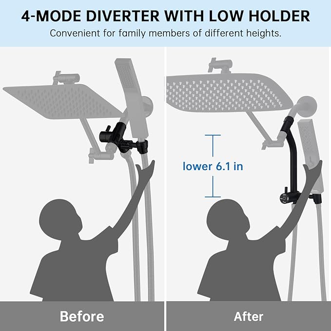 G-Promise All Metal 14 Inch Shower Head with Massage Mode Handheld, Rain Shower Head with Handheld Spray Combo, 3-Way Diverter with Pause Setting, 12 Inch Adjustable Extension Arm (Matte Black)