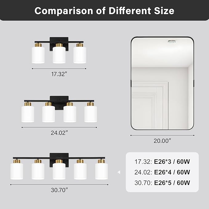 Black and Gold Bathroom Light Fixtures, 3-Light Modern Vanity Light Over Mirror, Wall Sconces with Milky White Frosted Glass Shades, E26 Socket (Bulbs Not Included)