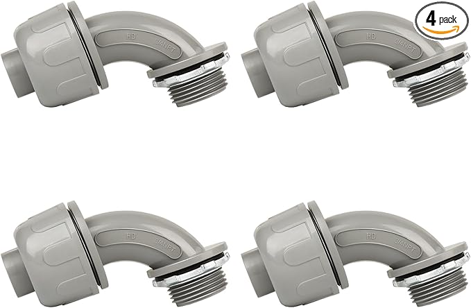 Conduit Connectors, 3/4 Inch Liquid Tight Connector NPT Non-Metallic for PVC Electrical Flexible Conduit Fittings, 90 Degree, UL Listed for Home Outdoor Tubes Tools, Grey (4-Pack)