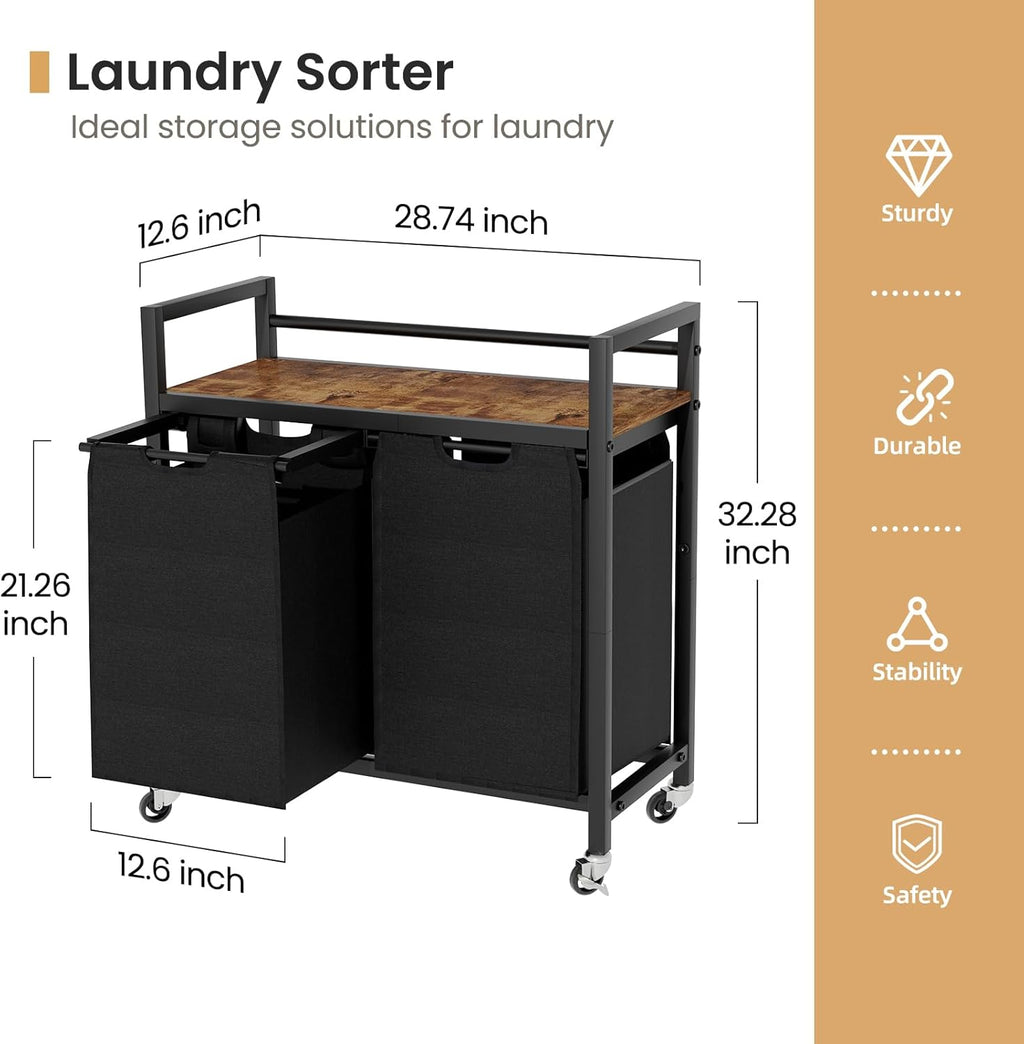 Laundry Hamper, Laundry Basket, Laundry Sorter with 2 Removable Bags, Clothes Basket with 2 Compartments, Wheels, Shelf for Laundry Room Bathroom Bedroom (2 Bags-Black)