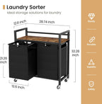 Laundry Hamper, Laundry Basket, Laundry Sorter with 2 Removable Bags, Clothes Basket with 2 Compartments, Wheels, Shelf for Laundry Room Bathroom Bedroom (2 Bags-Black)