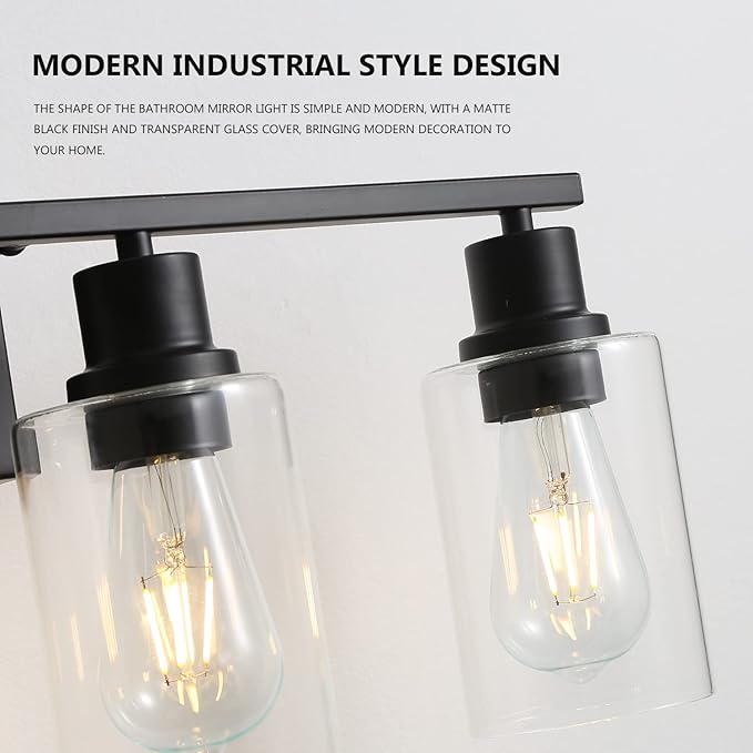 EMONG 4 Light Bathroom Vanity Light, Matte Black Bathroom Light Fixtures with Glass Shade, Modern Wall Sconces Lighting for Bathroom,Mirror,Farmhouse,Hallway