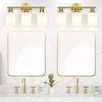 3-Light Bathroom Light Fixtures, Brushed Gold Vanity Light, Farmhouse Wall Lights with Milky White Frosted Glass Shades, Bathroom Wall Lamp for Mirror Kitchen Bedroom Hallway Living Room