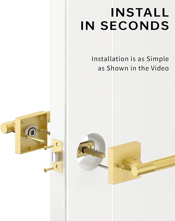 Asidrama 1 Pack Passage Gold Door Handles, Door Lever with Door Knobs Indoor for Bedroom or Bathroom, Heavy Duty Brushed Gold Door Handles Interior with Locks for Left Right Sided Doors