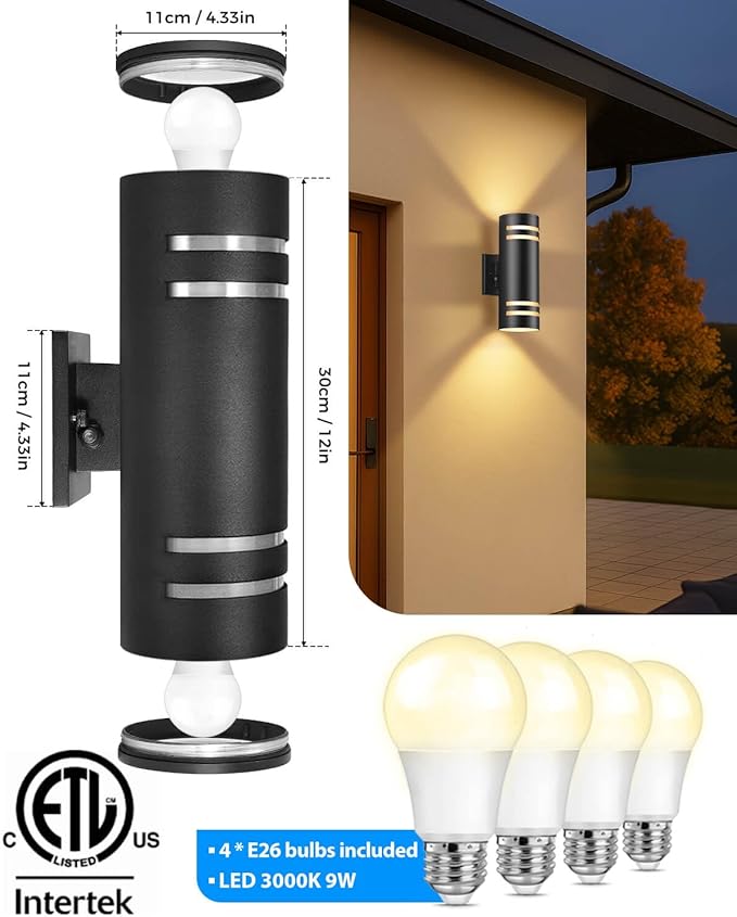 KIZON Dusk to Dawn Outdoor Lighting 2 Pack, Modern Outdoor Wall Light Black Exterior Lighting Fixtures Wall Mount with Bulbs Included, Cylinder Outdoor Sconce Lights for House Porch, ETL Listed
