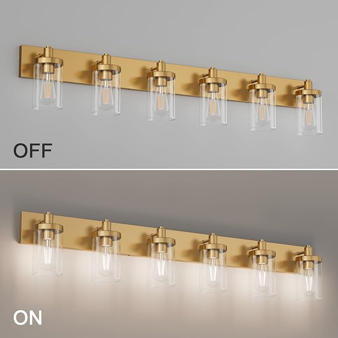 Aipsun Gold Bathroom Vanity Light Farmhouse Vanity Lighting Fixtures 6 Light 48in Bathroom Light Fixtures with Clear Glass Shade(Exclude Bulb)