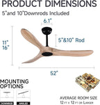 52" Wood Ceiling Fan with Remote Control, 3 blade Ceiling Fan without Lights for Indoor/Outdoor - Modern Design, Powerful Airflow, Silent Operation