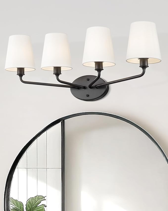Emak 4-Light Bathroom Vanity Light, 29 Inch Black Bathroom Light Fixtures with Flared White Fabric Shade, Modern Farmhouse Wall Sconce for Bath, Hallway, Bedroom, VL132-BK-WF-4