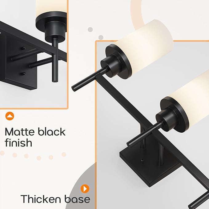 Bathrom Light Fixtures Matte Black 3 Lights Over Mirror, Wall Sconces Lighting with White Frosted Glass Shade for Toilet Washroom Bath T001MB-L3