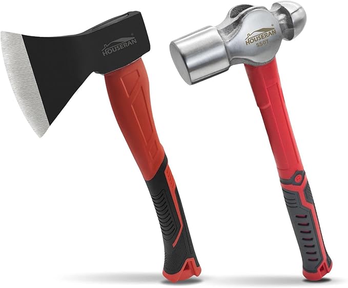 2-Piece Outdoor Axe and 2lb Ball Peen Hammer Set, 13.8" Camping Hatchet with Forged Steel Blade & Heavy Duty Metal Hammer for Wood Splitting, Metalworking, Bushcraft, DIY & Survival Tasks