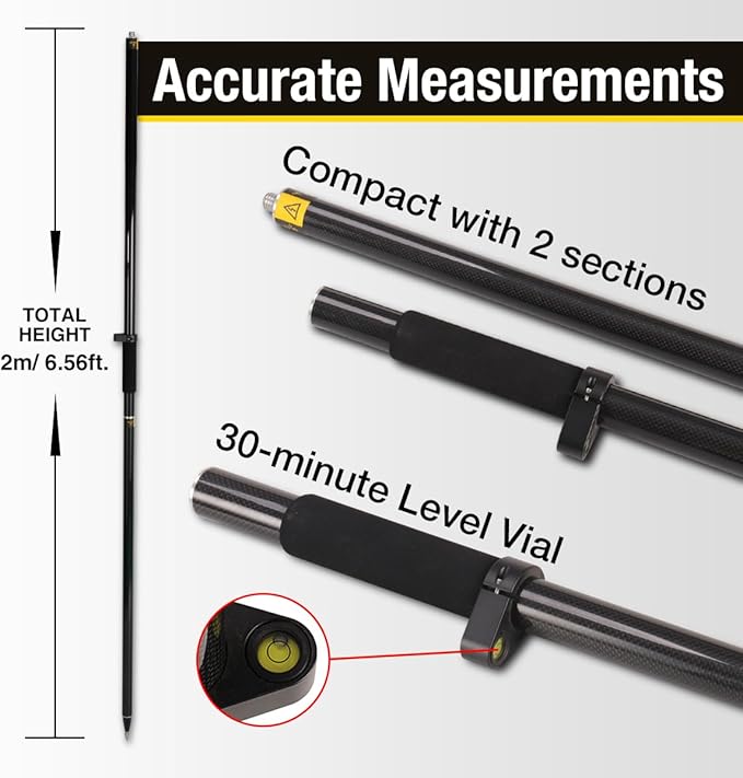 GPS Pole, 6.6FT Surveying Prism Pole, 2M Prism Pole for Land Surveying, Black
