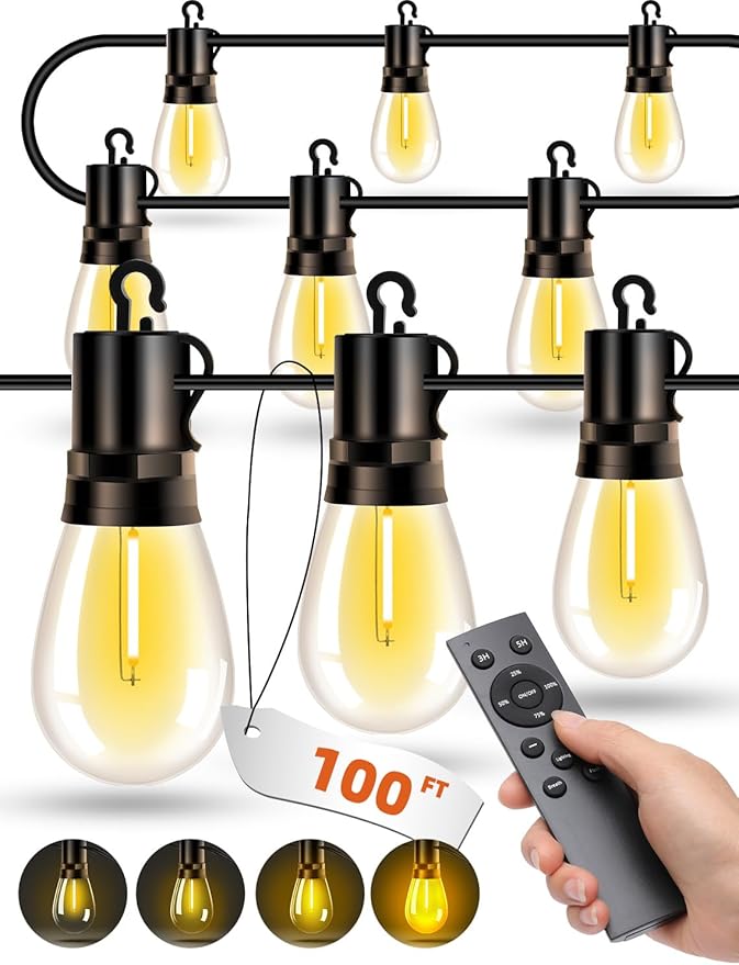 Outdoor Patio String Lights: S14 Shatterproof Bulb Outside Waterproof Light - 100Ft 30M Remote Dimmable Connectable Hanging Outdoor Electric Lighting - Garden Backyard Yard Gazebo Porch Party