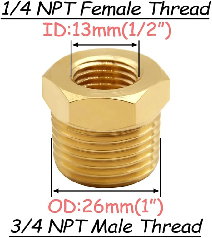 4PCS Brass Reducer Bushing, 3/4" NPT Male to 1/4" NPT Female Thread, Hex Reducing Convert Adapter Pipe Fitting Connector for Water/Oil/Gas