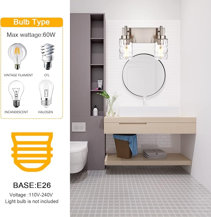 BONLICHT Bathroom Light Fixtures Modern 2 Light Brushed Nickel Vanity Light Wall Sconces Contemporary Metal Wall Lights with Clear Water Glass Shade,Industrial Farmhouse Porch Hallway Wall Mount Lamp