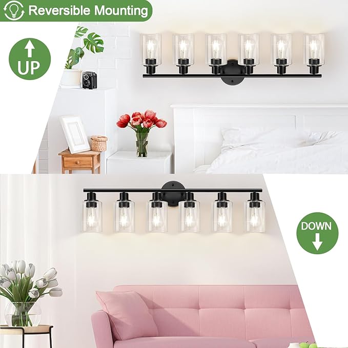 6-Light Bathroom Light Fixtures, Black Modern Vanity Lights with Clear Glass Shade, Bathroom Wall Lamp for Mirror Kitchen Living Room Hallway Cabinet Porch