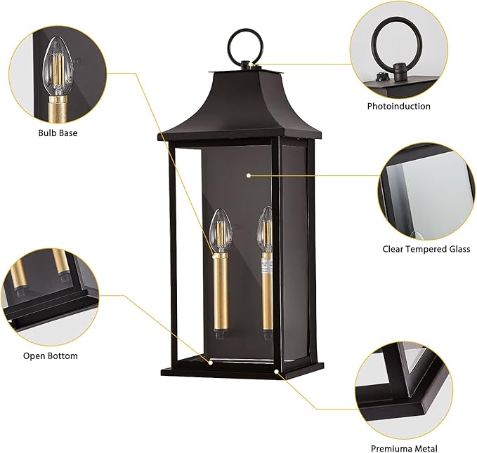 21in Large Dusk to Dawn Outdoor Wall Lights for House, Exterior Lighting Fixtures Dusk to Dawn Outdoor Lighting with Glass, Waterproof Brown Porch Sconces for Porch, Patio, Garage, E12 Base