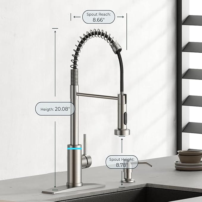 Smart Kitchen Faucet, 3 Modes Pull Down Sprayer, Touch On Sensor Activated, LED Temperature Control, 360-Degree Rotation, 1 or 3 Hole Deck Plate. 10-Year Warranty. (KW-66SN, Brushed Nickel)