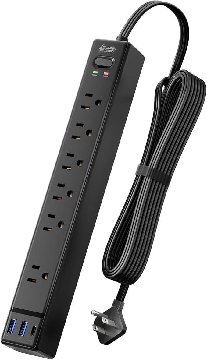 SUPERDANNY Flat Plug Surge Protector Power Strip, 6ft Ultra Thin Extension Cord with 3 USB (1 USB C Port), 6 Outlets Charging Station, Wall Mountable Outlet Extender for Home Office, College Dorm Room
