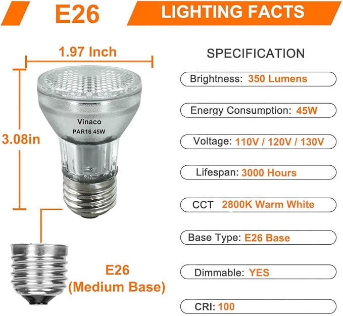 Vinaco PAR16 Bulb 120V, 6 Pack High Output Dimmable Par16 Flood 45W(39W Equivalent), 2800K Warm White, Long Lifespan Halogen Par 16 with E26 Base for Range Hood Lights, Table Light, Track Light