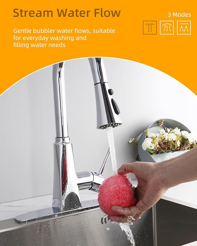 Hibbent Kitchen Sink Faucet Head Replacement, NSF/ANSI/CAN 61 & CUPC Certified, 3-Function Pull Down Sprayer Nozzle with 15 Adapters, Compatible with Delta, Kohler, Moen Faucets, Chrome (Silver)