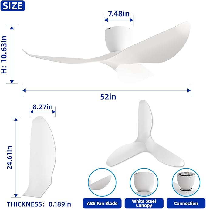 52-Inch White Ceiling Fan Without Light, Modern Low-Profile Flush Mount Fan with Remote, 6-Speed Reversible Quiet DC Motor,for Patio, Living Room, Bedroom (No Light)