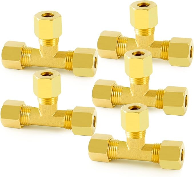 ChillWaves Brass Tee Compression Tube Fitting, 1/4" OD x 1/4" OD x 1/4" OD Compression Union Connector(5-PACK)