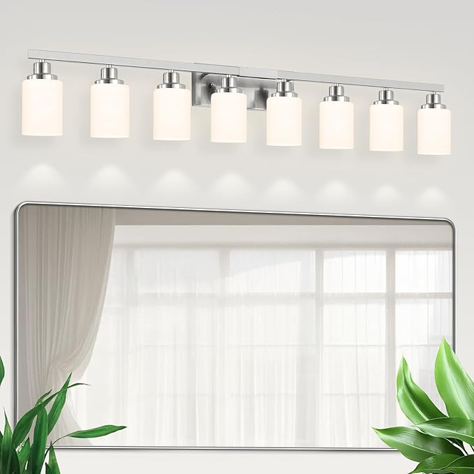 8-Light Bathroom Light Fixtures, 52inch Nickel Vanity Light with Milky White Glass Shade, Modern Bathroom Wall Lights Over Mirror, Farmhouse Wall Sconces Lighting for Bedroom Living Room