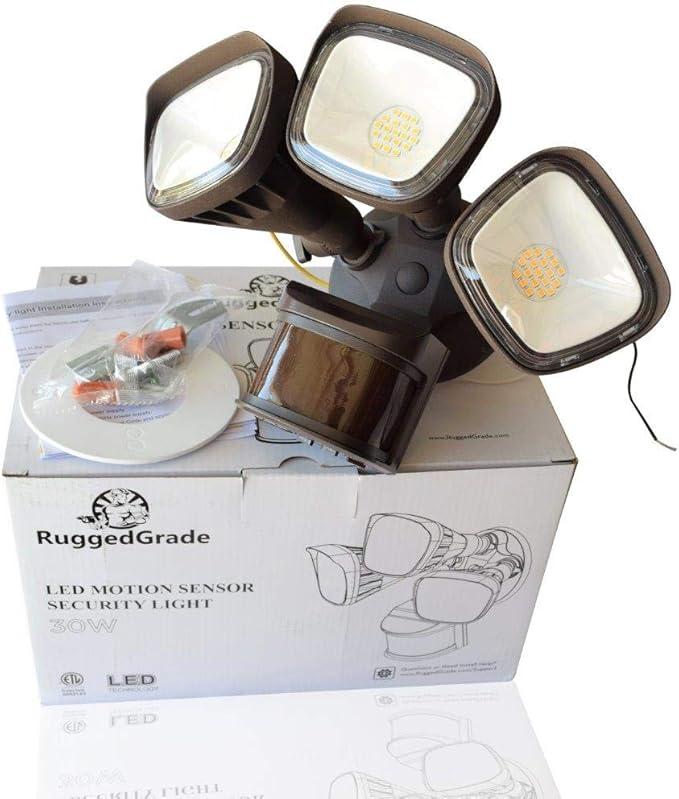 RuggedGrade 30W Turin II Series LED Security Light - Motion Wall Light - 240° Sensor - 3,600 Lumens - 5000K Bright White - Square Heads - Bronze Housing - Outdoor LED Light - DLC 5.1 Premium