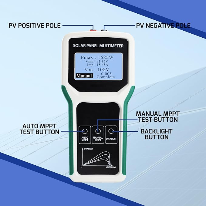 1800W Solar Panel Tester Photovoltaic Multimeter with Smart MPPT Detection for Solar PV Panel Data & Troubleshoot Measures, 24V | 48V | 120V Systems Overload Protection for PV Systems, Data Analysis