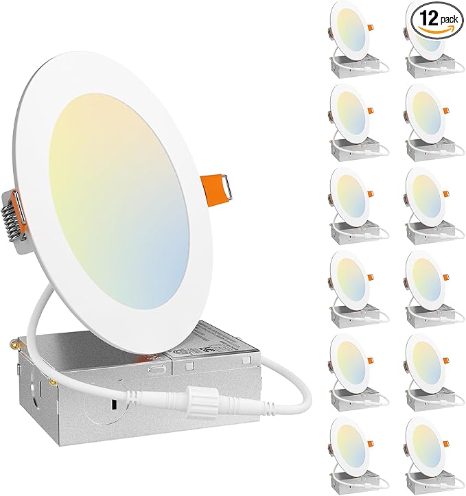 Amico 12 Pack 5 Inch 5CCT Ultra-Thin LED Recessed Can/Ceiling Light with Junction Box, 900LM High Brightness, Dimmable Wafer Downlight, 11W, ETL&FCC