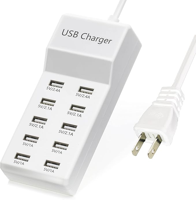 50W 10-Port USB Charging Station for iPhone 15/15 Pro/15 Pro Max/15 Plus/14/13/12/11/Xs Max/XR/X/SE White